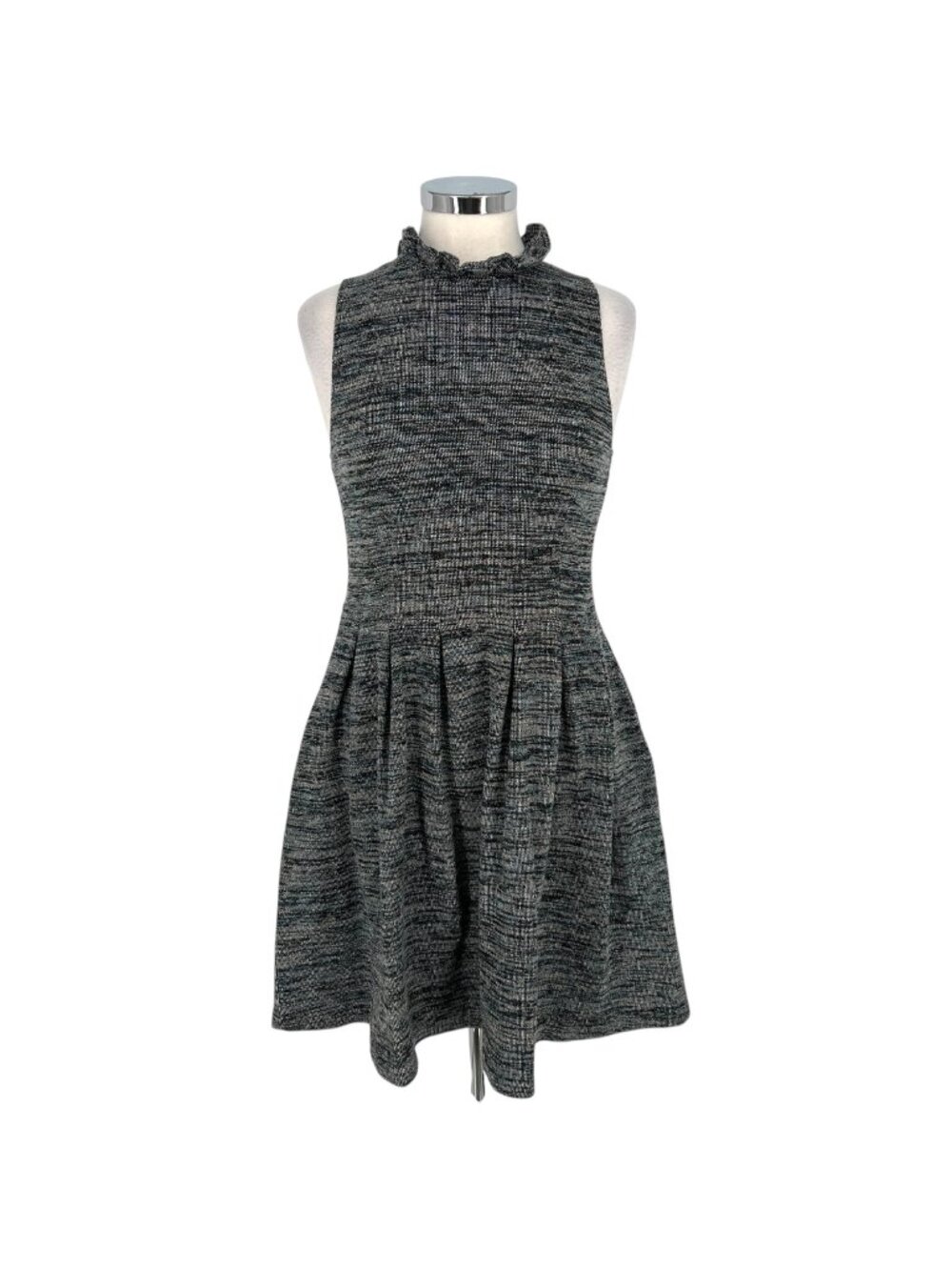 Ganni Anthropologie Pinnacle Tweed Dress Ruffled Neckline Black White Size Large